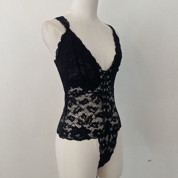 Free People Black Lace Gazy Eyes Lace-Up Bodysuit Size XS - Picture 6 of 11